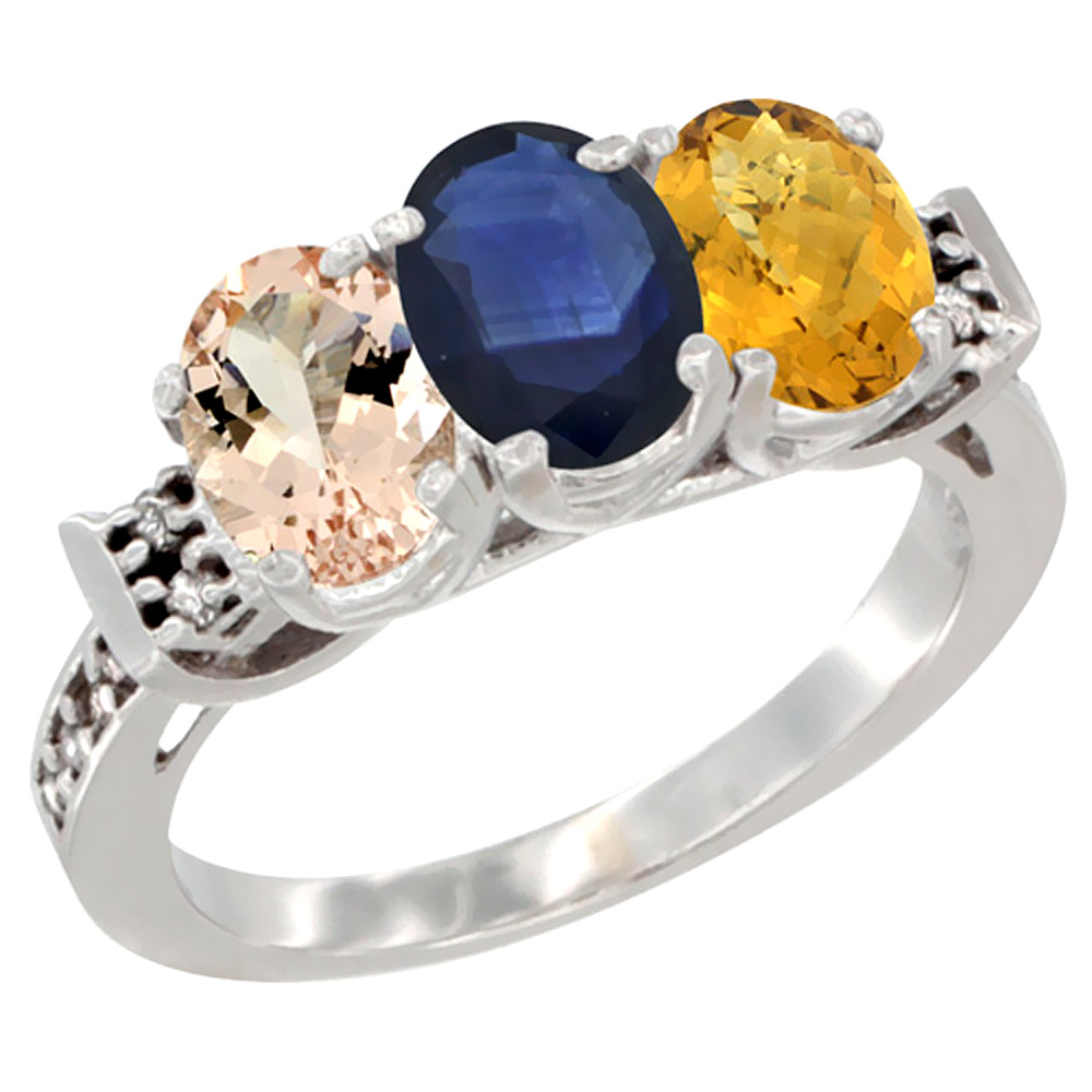 14K White Gold Natural Morganite, Blue Sapphire & Whisky Quartz Ring 3-Stone Oval 7x5 mm Diamond Accent, sizes 5 - 10