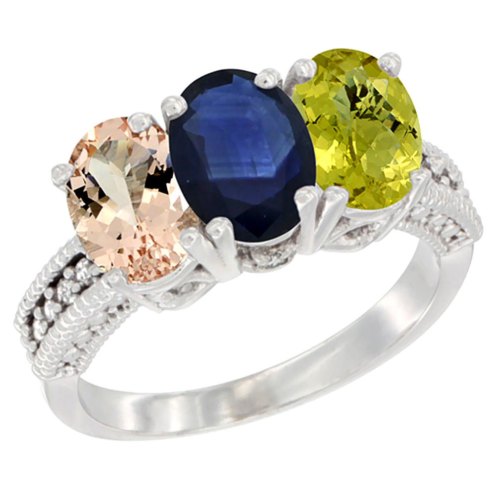 14K White Gold Natural Morganite, Blue Sapphire & Lemon Quartz Ring 3-Stone Oval 7x5 mm Diamond Accent, sizes 5 - 10