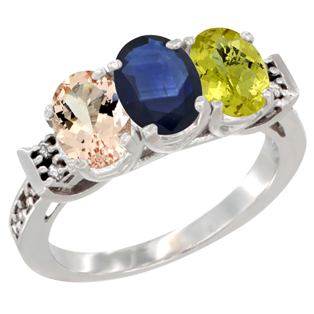 10K White Gold Natural Morganite, Blue Sapphire &amp; Lemon Quartz Ring 3-Stone Oval 7x5 mm Diamond Accent, sizes 5 - 10