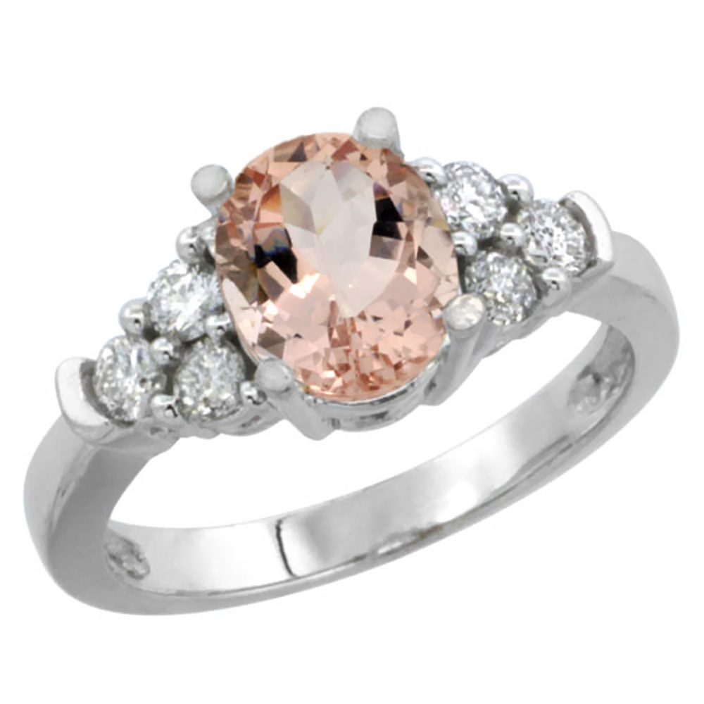 10K White Gold Natural Morganite Ring Oval 9x7mm Diamond Accent, sizes 5-10