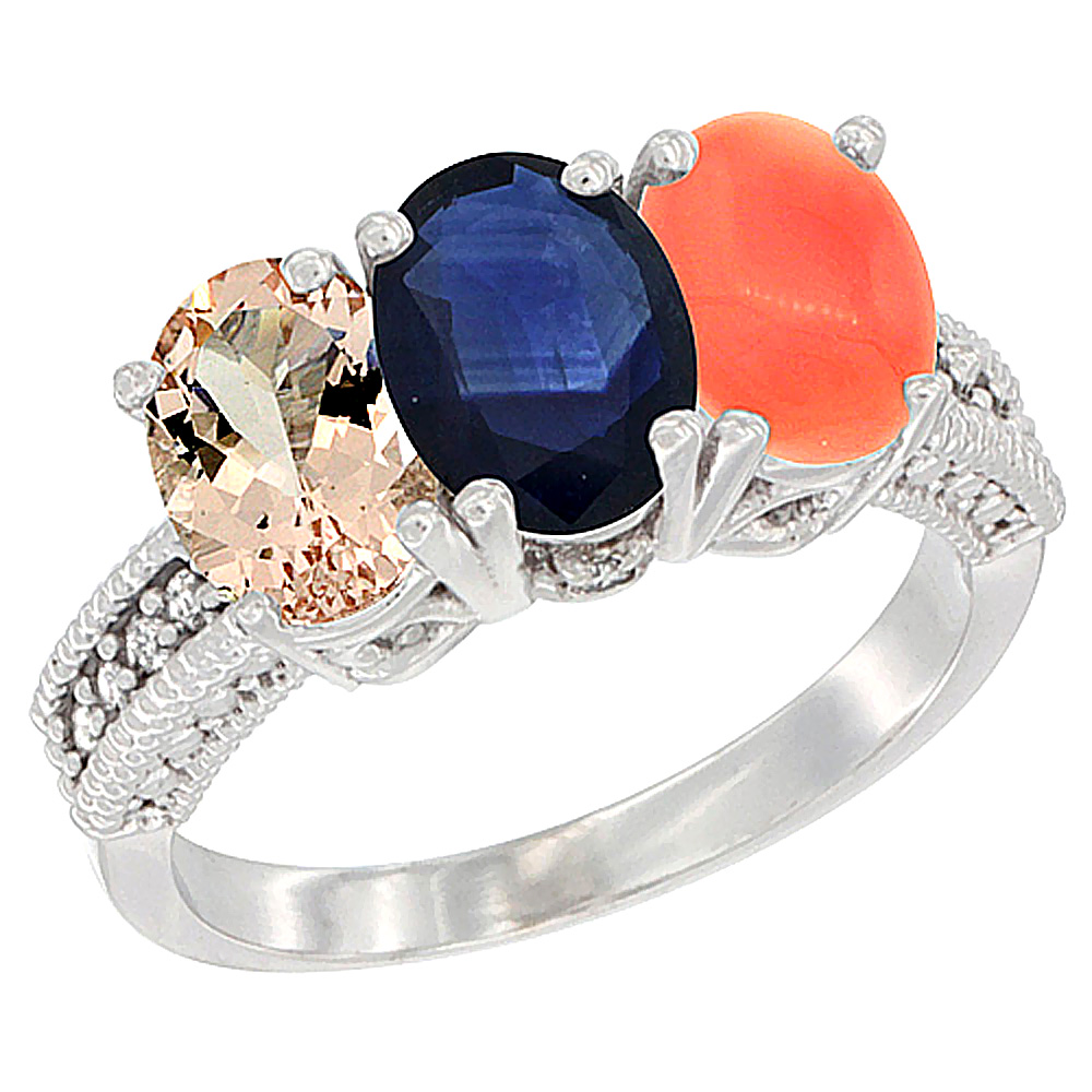 10K White Gold Natural Morganite, Blue Sapphire &amp; Coral Ring 3-Stone Oval 7x5 mm Diamond Accent, sizes 5 - 10