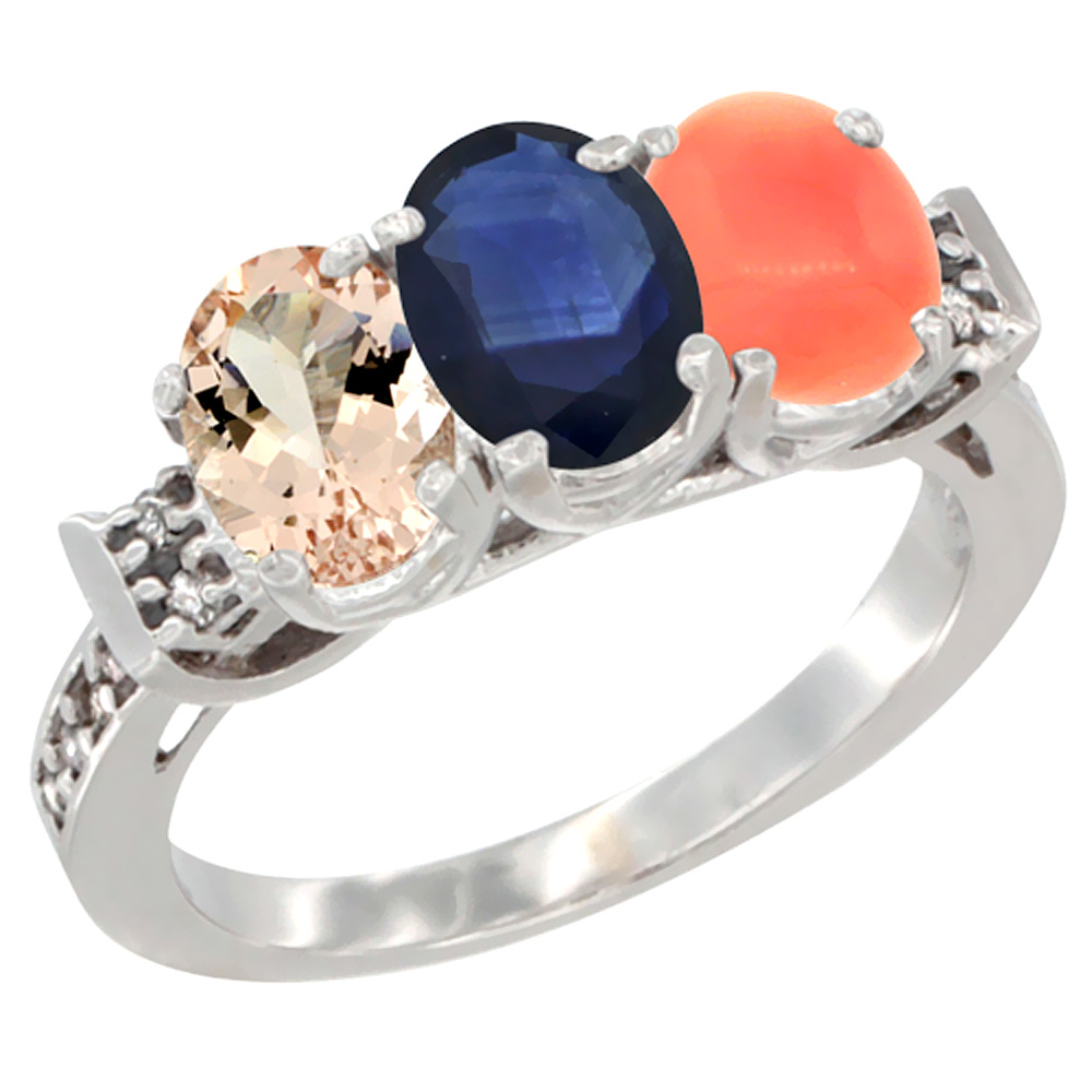 14K White Gold Natural Morganite, Blue Sapphire &amp; Coral Ring 3-Stone Oval 7x5 mm Diamond Accent, sizes 5 - 10