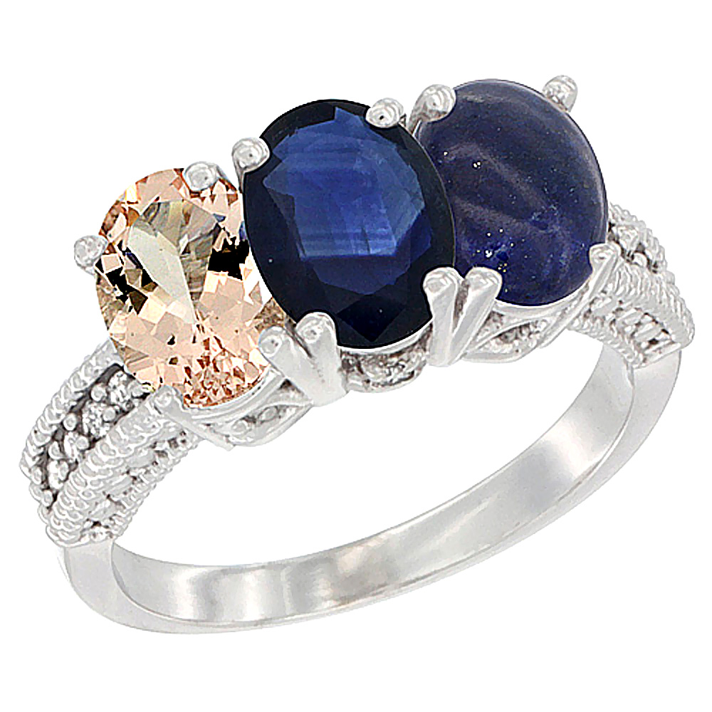 10K White Gold Natural Morganite, Blue Sapphire &amp; Lapis Ring 3-Stone Oval 7x5 mm Diamond Accent, sizes 5 - 10