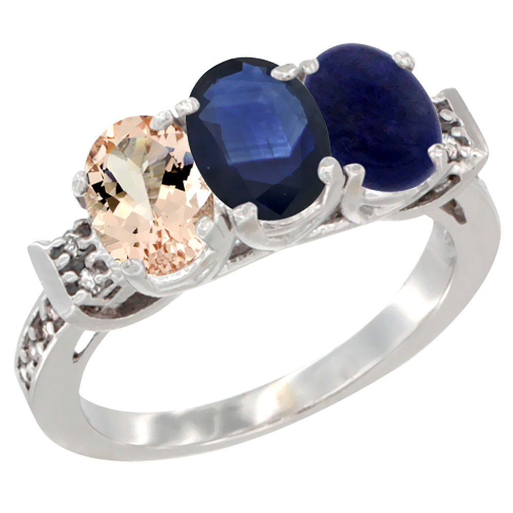 10K White Gold Natural Morganite, Blue Sapphire & Lapis Ring 3-Stone Oval 7x5 mm Diamond Accent, sizes 5 - 10