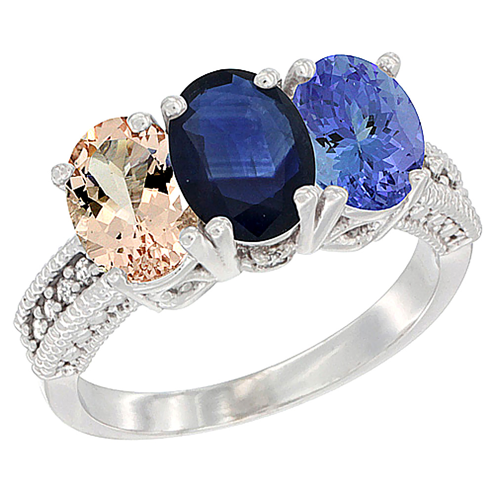 10K White Gold Natural Morganite, Blue Sapphire & Tanzanite Ring 3-Stone Oval 7x5 mm Diamond Accent, sizes 5 - 10