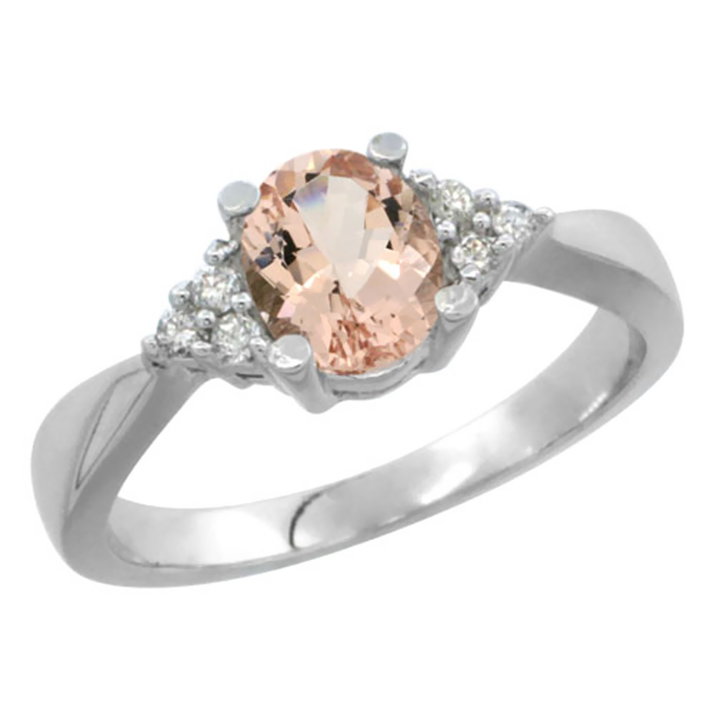 10K White Gold Diamond Natural Morganite Engagement Ring Oval 7x5mm, sizes 5-10