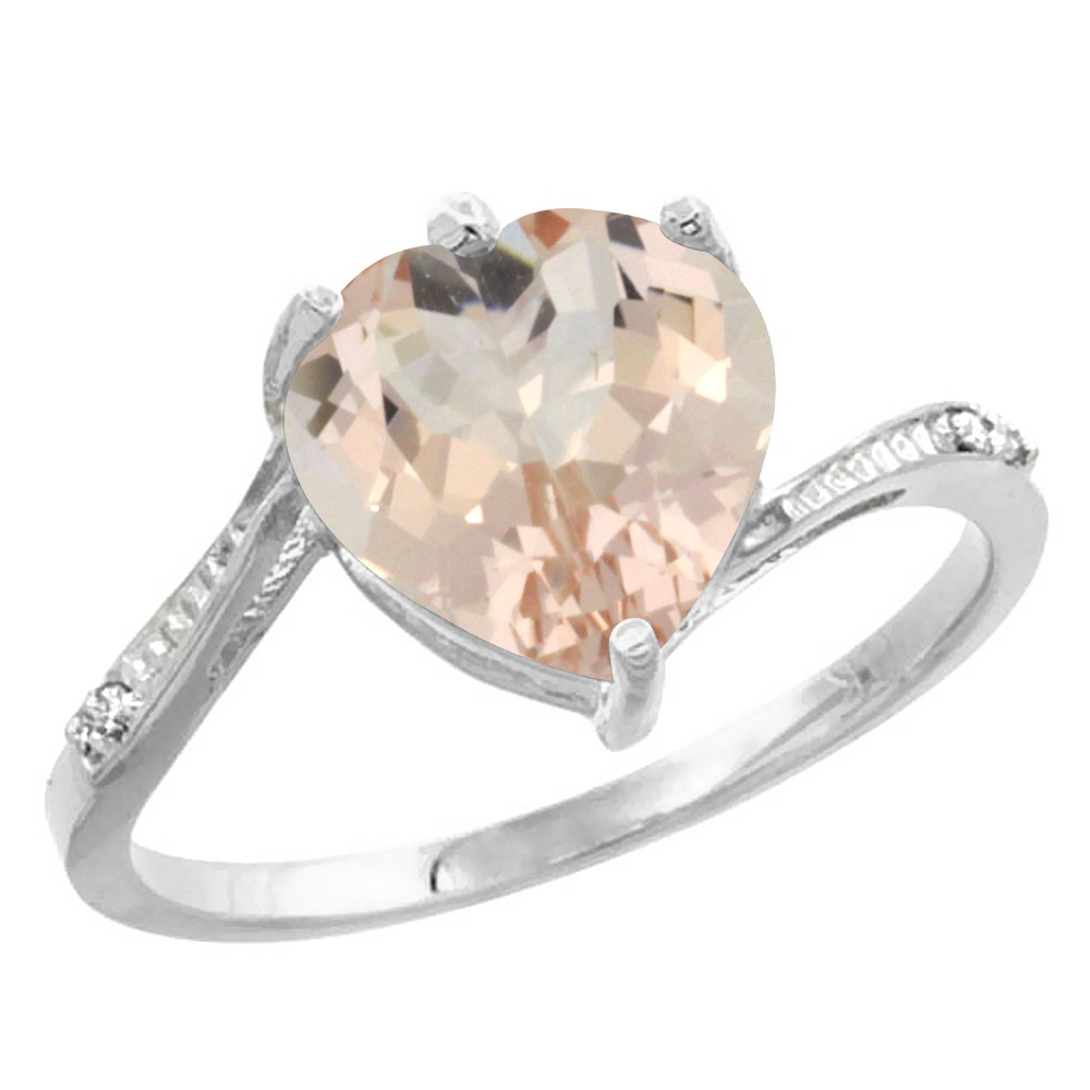 14K White Gold Natural Morganite Ring Heart 9x9mm Diamond Accent, sizes 5-10