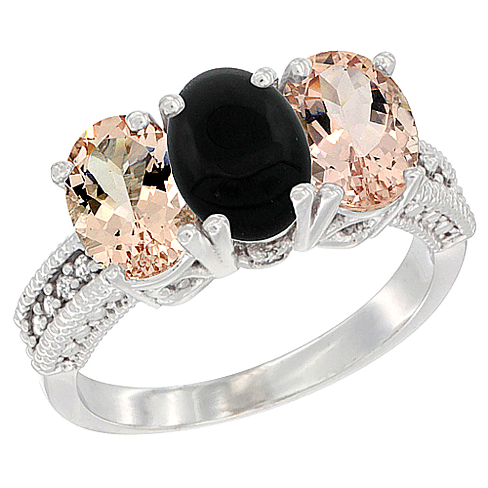 14K White Gold Natural Black Onyx & Morganite Sides Ring 3-Stone Oval 7x5 mm Diamond Accent, sizes 5 - 10