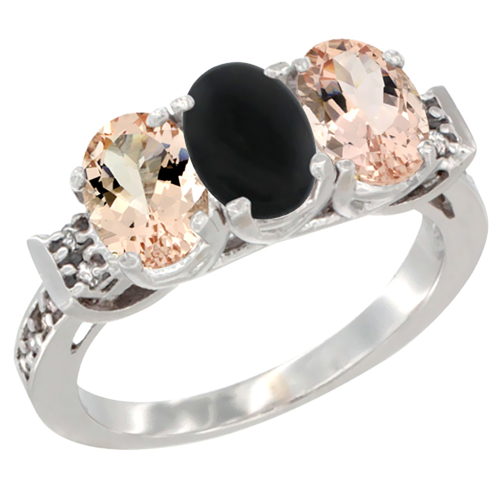 10K White Gold Natural Black Onyx &amp; Morganite Sides Ring 3-Stone Oval 7x5 mm Diamond Accent, sizes 5 - 10