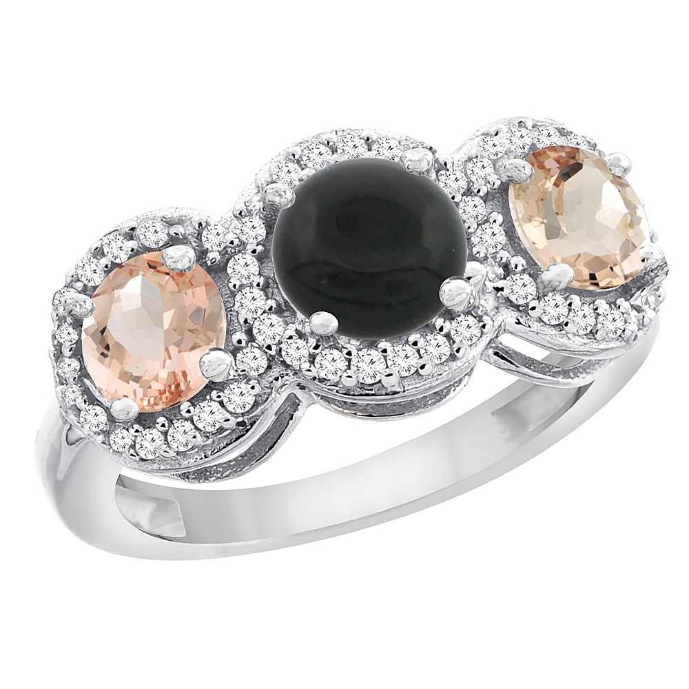 14K White Gold Natural Black Onyx &amp; Morganite Sides Round 3-stone Ring Diamond Accents, sizes 5 - 10