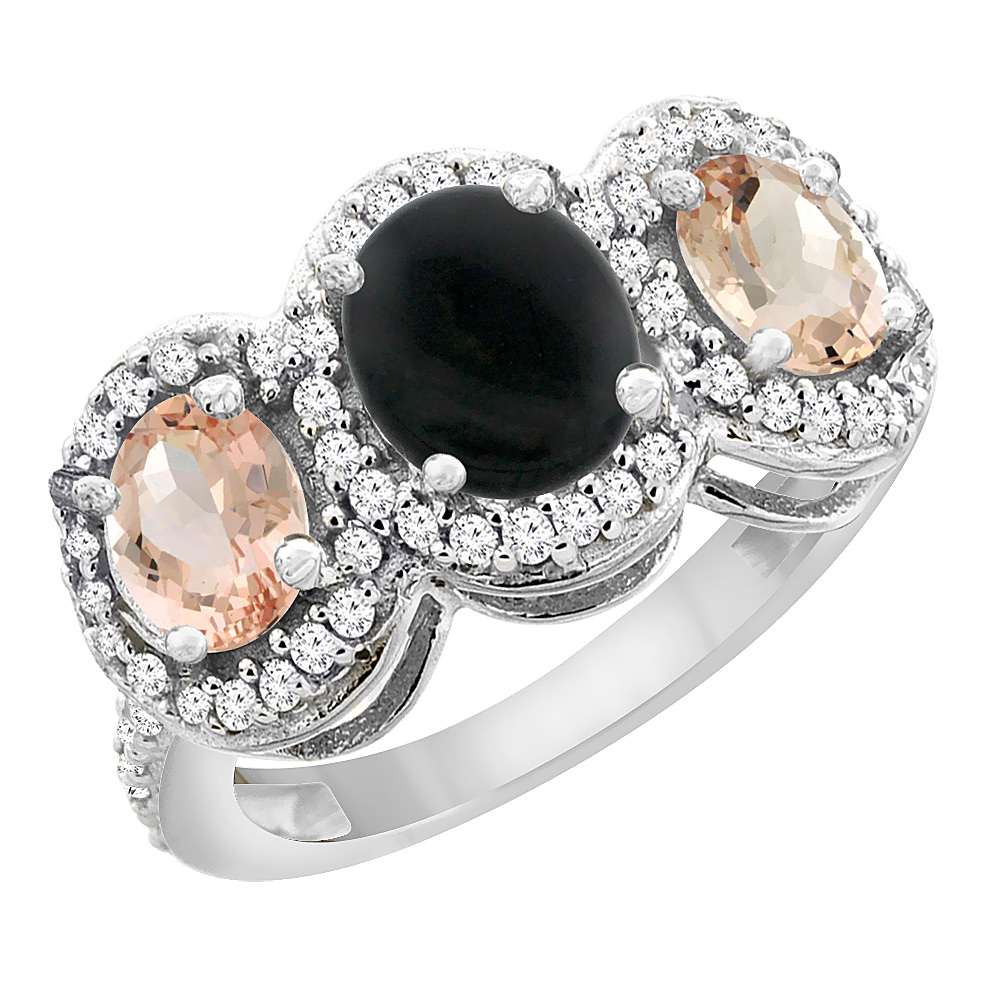 14K White Gold Natural Black Onyx &amp; Morganite 3-Stone Ring Oval Diamond Accent, sizes 5 - 10