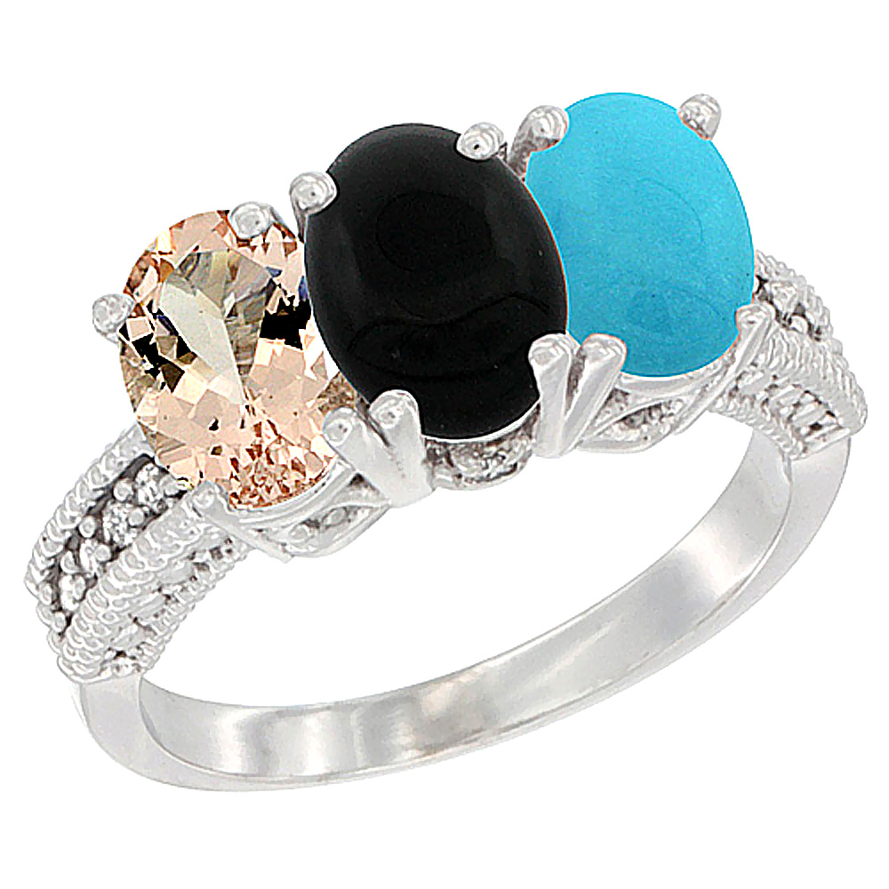 14K White Gold Natural Morganite, Black Onyx & Turquoise Ring 3-Stone Oval 7x5 mm Diamond Accent, sizes 5 - 10