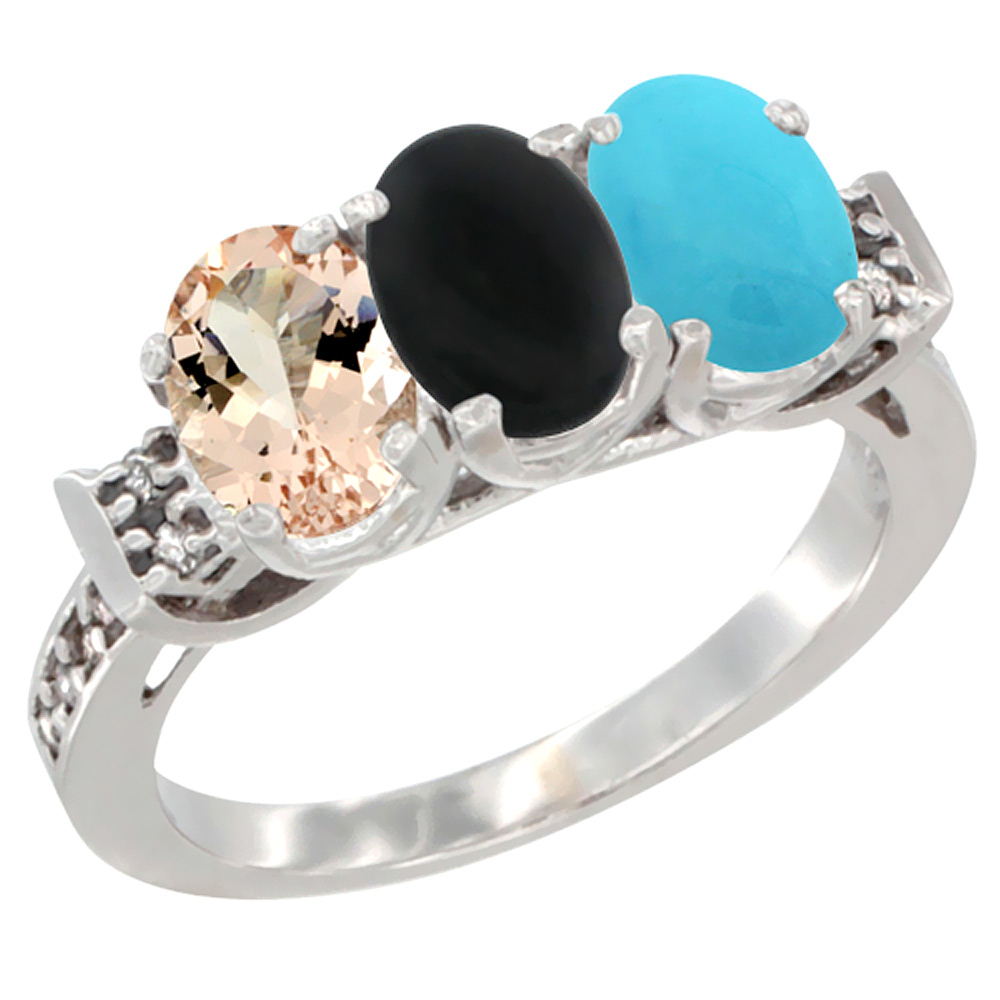 10K White Gold Natural Morganite, Black Onyx &amp; Turquoise Ring 3-Stone Oval 7x5 mm Diamond Accent, sizes 5 - 10