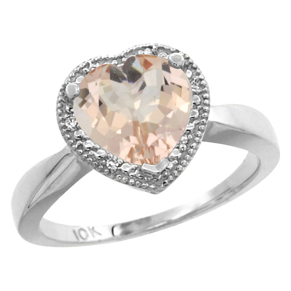 14K White Gold Natural Morganite Ring Heart 8x8mm Diamond Accent, sizes 5-10