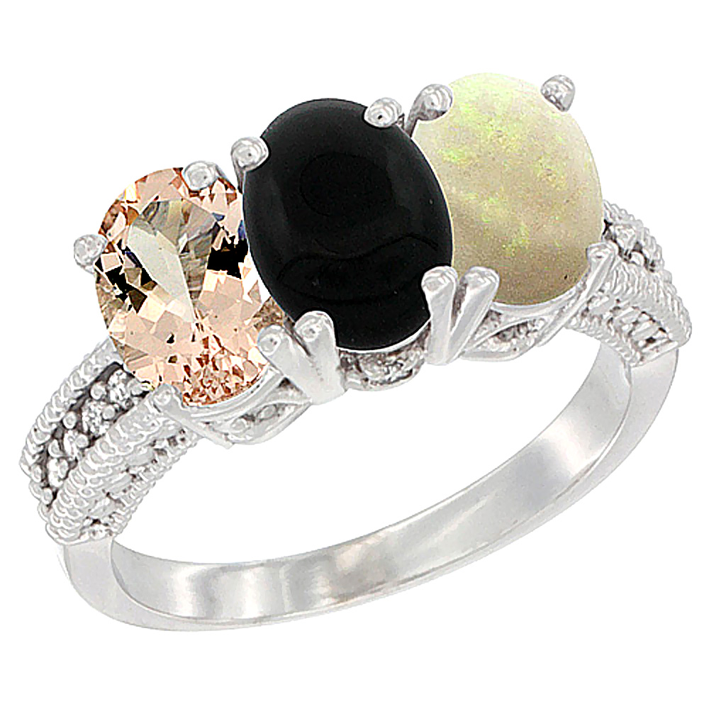 10K White Gold Natural Morganite, Black Onyx &amp; Opal Ring 3-Stone Oval 7x5 mm Diamond Accent, sizes 5 - 10