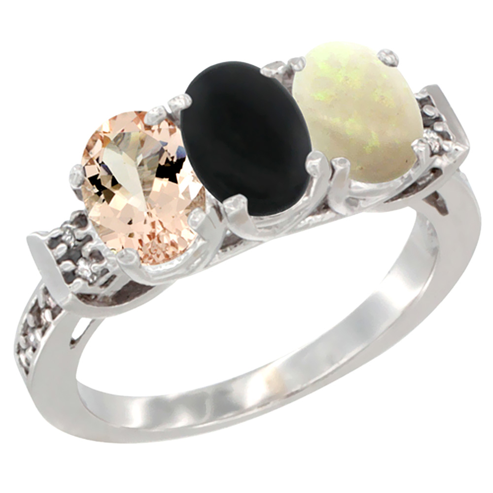 10K White Gold Natural Morganite, Black Onyx &amp; Opal Ring 3-Stone Oval 7x5 mm Diamond Accent, sizes 5 - 10