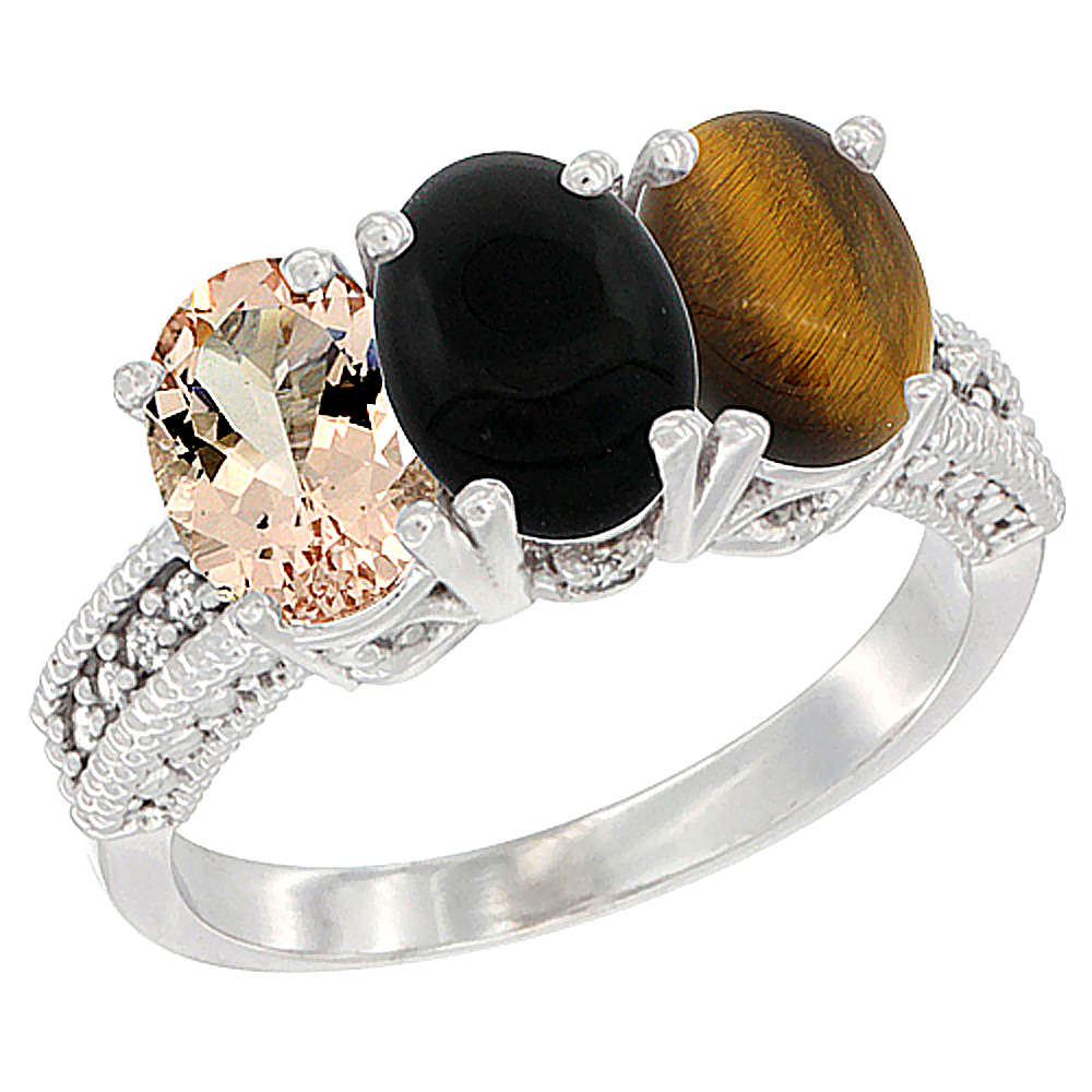 10K White Gold Natural Morganite, Black Onyx &amp; Tiger Eye Ring 3-Stone Oval 7x5 mm Diamond Accent, sizes 5 - 10
