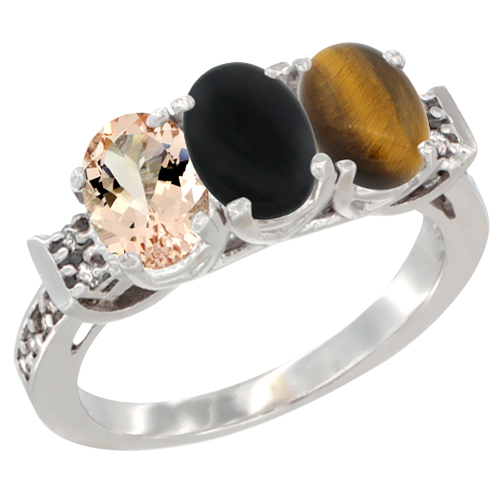 14K White Gold Natural Morganite, Black Onyx &amp; Tiger Eye Ring 3-Stone Oval 7x5 mm Diamond Accent, sizes 5 - 10