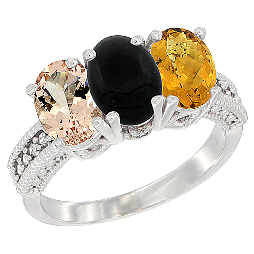 10K White Gold Natural Morganite, Black Onyx &amp; Whisky Quartz Ring 3-Stone Oval 7x5 mm Diamond Accent, sizes 5 - 10