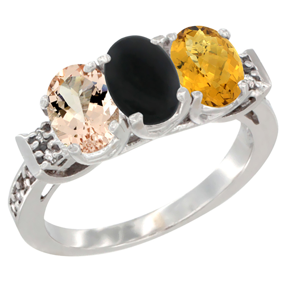 14K White Gold Natural Morganite, Black Onyx &amp; Whisky Quartz Ring 3-Stone Oval 7x5 mm Diamond Accent, sizes 5 - 10
