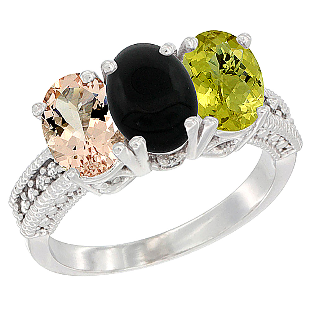 10K White Gold Natural Morganite, Black Onyx &amp; Lemon Quartz Ring 3-Stone Oval 7x5 mm Diamond Accent, sizes 5 - 10