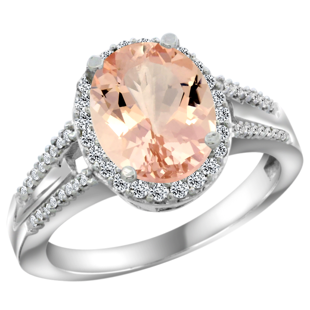 10K White Gold Diamond Natural Morganite Engagement Ring Oval 10x8mm, sizes 5-10