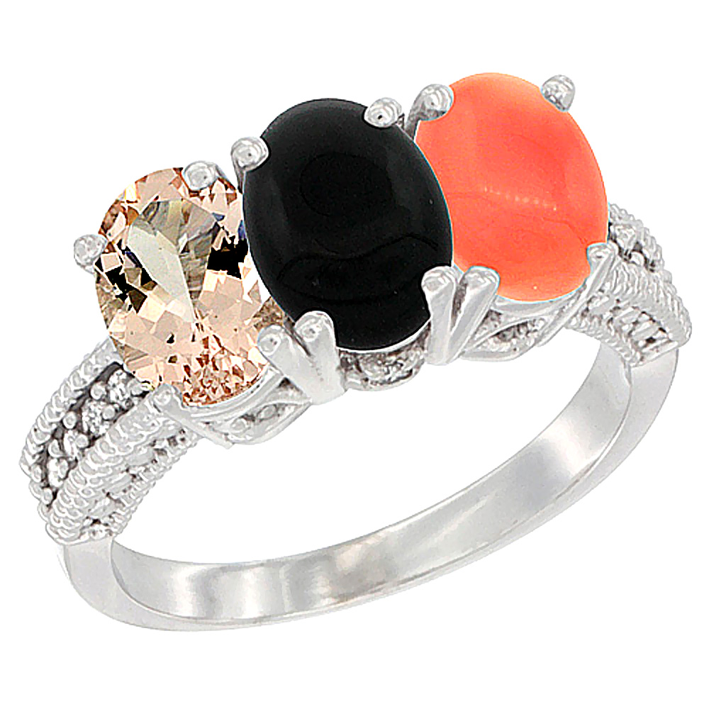 10K White Gold Natural Morganite, Black Onyx &amp; Coral Ring 3-Stone Oval 7x5 mm Diamond Accent, sizes 5 - 10