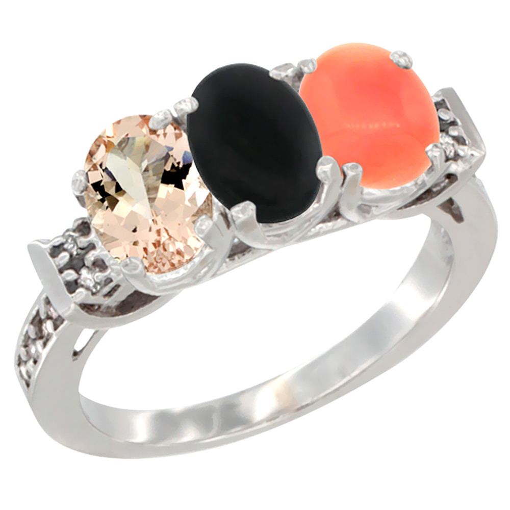 14K White Gold Natural Morganite, Black Onyx & Coral Ring 3-Stone Oval 7x5 mm Diamond Accent, sizes 5 - 10
