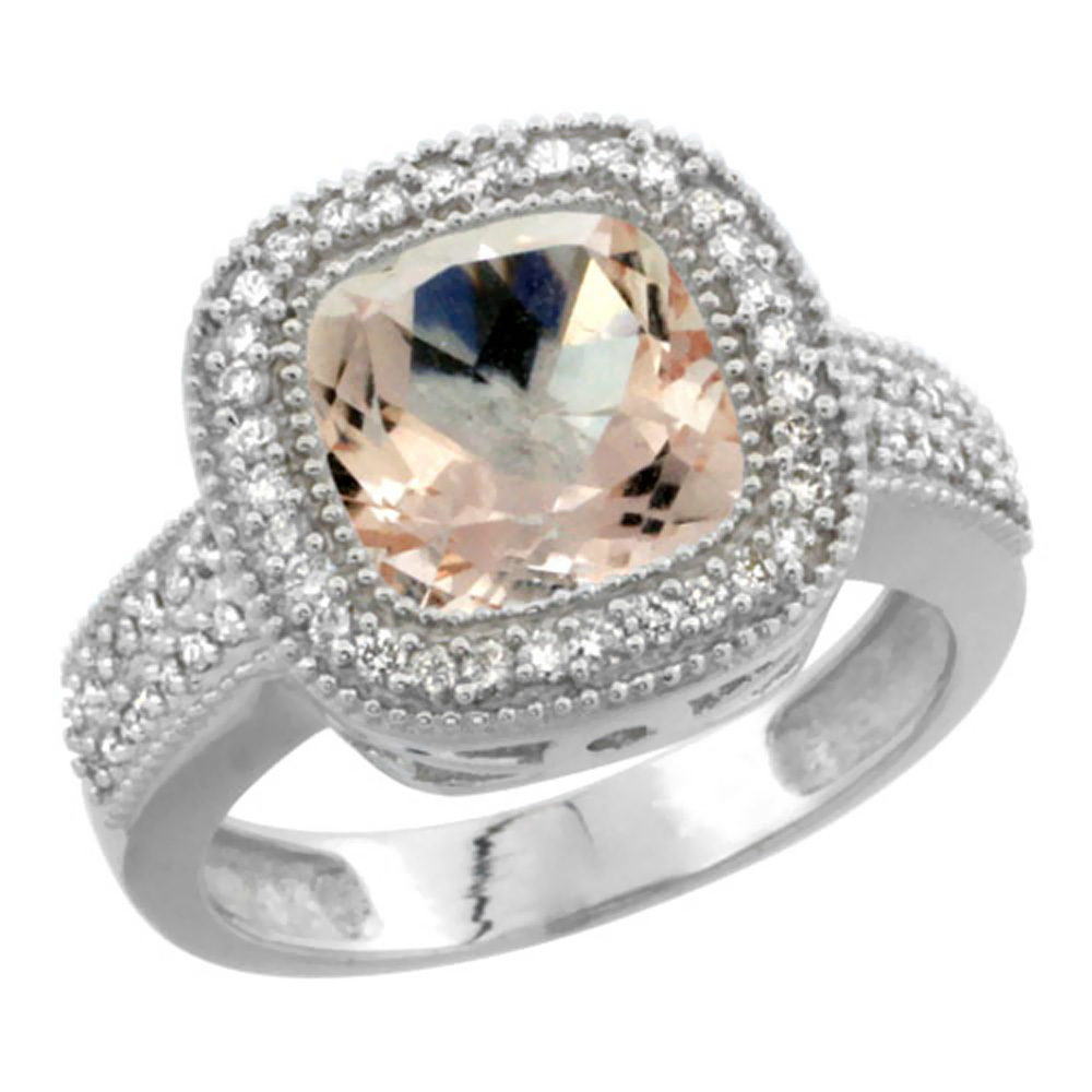14K White Gold Natural Morganite Ring Diamond Accent, Cushion-cut 9x9mm Diamond Accent, sizes 5-10