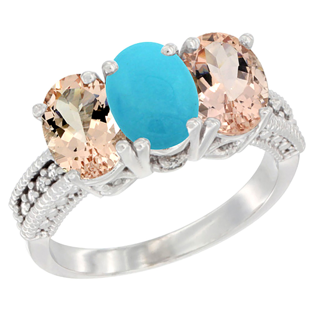 10K White Gold Natural Turquoise & Morganite Sides Ring 3-Stone Oval 7x5 mm Diamond Accent, sizes 5 - 10