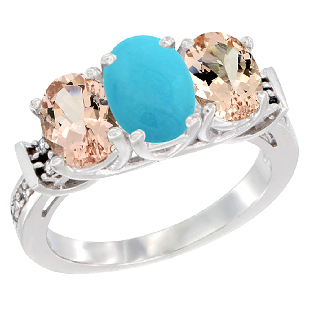 14K White Gold Natural Turquoise &amp; Morganite Sides Ring 3-Stone Oval Diamond Accent, sizes 5 - 10