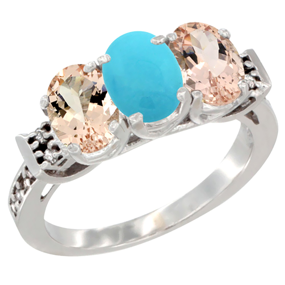 10K White Gold Natural Turquoise & Morganite Sides Ring 3-Stone Oval 7x5 mm Diamond Accent, sizes 5 - 10