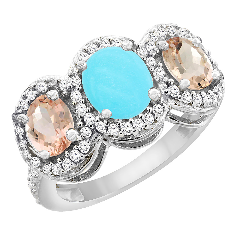 10K White Gold Natural Turquoise & Morganite 3-Stone Ring Oval Diamond Accent, sizes 5 - 10