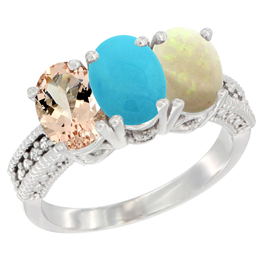 14K White Gold Natural Morganite, Turquoise & Opal Ring 3-Stone Oval 7x5 mm Diamond Accent, sizes 5 - 10