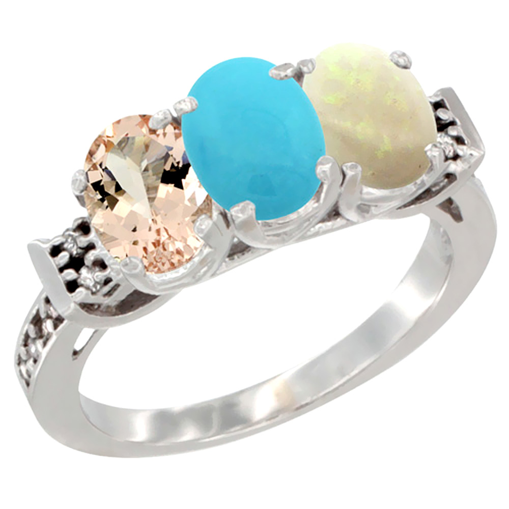14K White Gold Natural Morganite, Turquoise & Opal Ring 3-Stone Oval 7x5 mm Diamond Accent, sizes 5 - 10