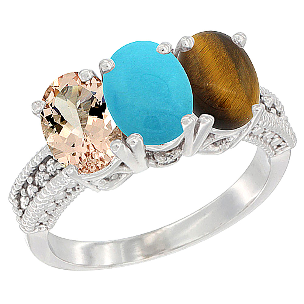 10K White Gold Natural Morganite, Turquoise &amp; Tiger Eye Ring 3-Stone Oval 7x5 mm Diamond Accent, sizes 5 - 10