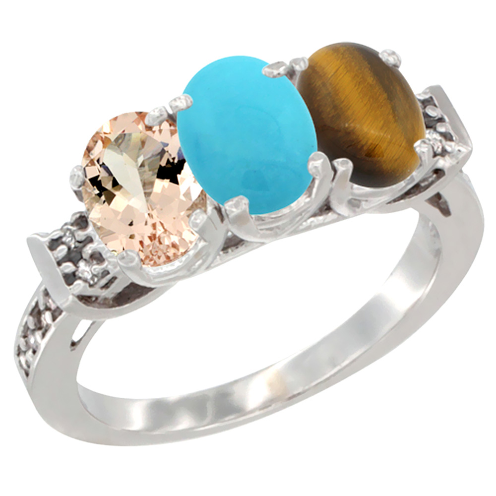 10K White Gold Natural Morganite, Turquoise & Tiger Eye Ring 3-Stone Oval 7x5 mm Diamond Accent, sizes 5 - 10