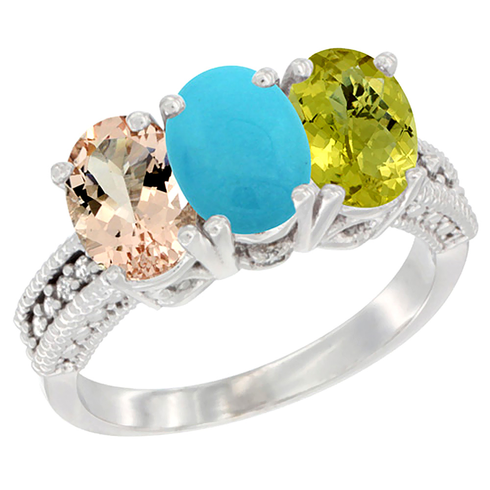 10K White Gold Natural Morganite, Turquoise &amp; Lemon Quartz Ring 3-Stone Oval 7x5 mm Diamond Accent, sizes 5 - 10