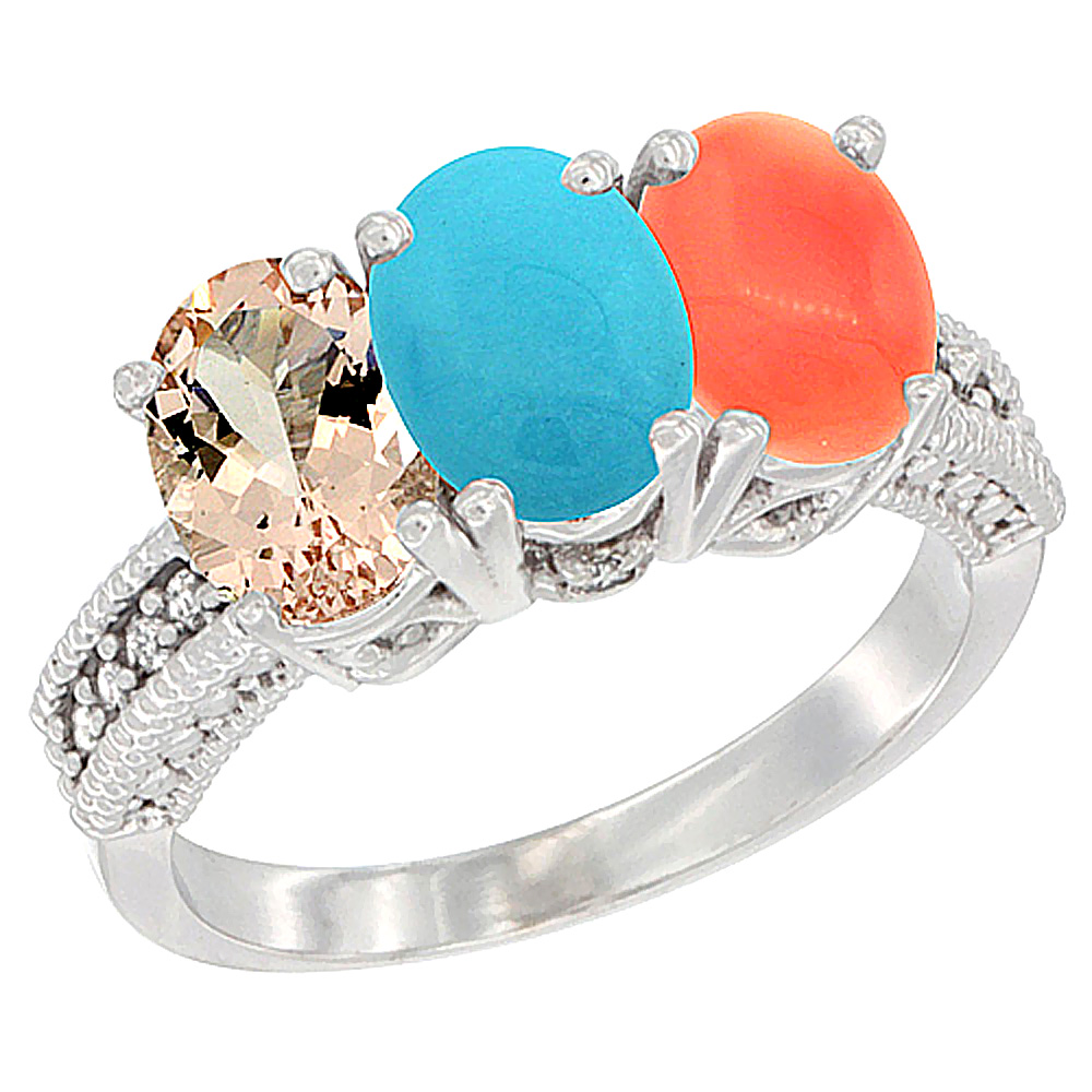 14K White Gold Natural Morganite, Turquoise &amp; Coral Ring 3-Stone Oval 7x5 mm Diamond Accent, sizes 5 - 10
