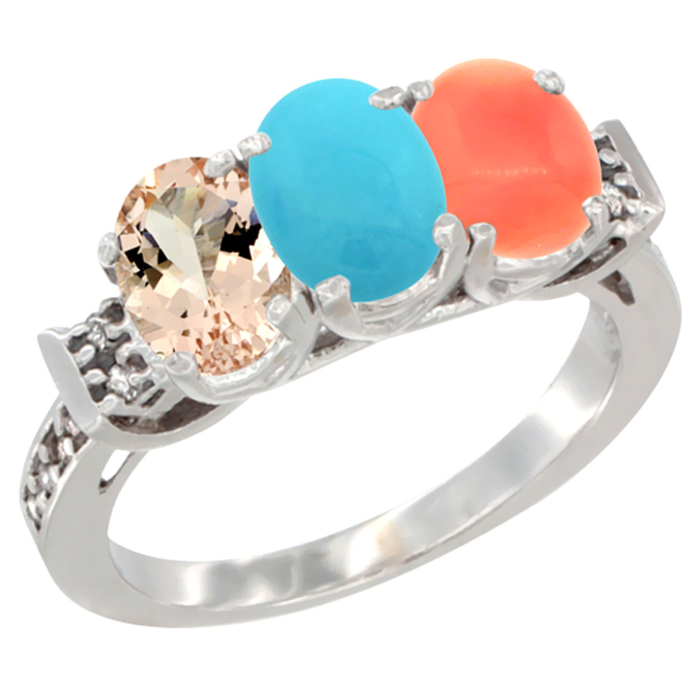 10K White Gold Natural Morganite, Turquoise & Coral Ring 3-Stone Oval 7x5 mm Diamond Accent, sizes 5 - 10