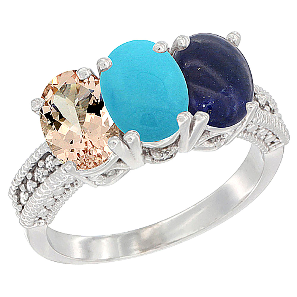 14K White Gold Natural Morganite, Turquoise &amp; Lapis Ring 3-Stone Oval 7x5 mm Diamond Accent, sizes 5 - 10