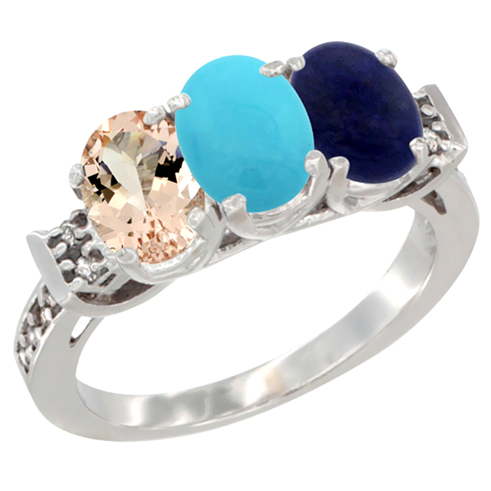 10K White Gold Natural Morganite, Turquoise &amp; Lapis Ring 3-Stone Oval 7x5 mm Diamond Accent, sizes 5 - 10