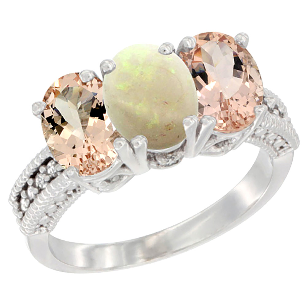 14K White Gold Natural Opal &amp; Morganite Sides Ring 3-Stone Oval 7x5 mm Diamond Accent, sizes 5 - 10