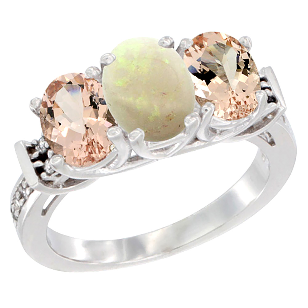 14K White Gold Natural Opal &amp; Morganite Sides Ring 3-Stone Oval Diamond Accent, sizes 5 - 10