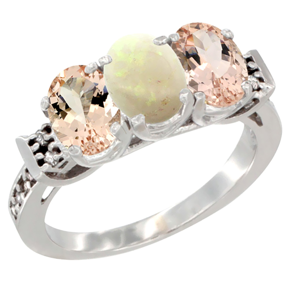 14K White Gold Natural Opal & Morganite Sides Ring 3-Stone Oval 7x5 mm Diamond Accent, sizes 5 - 10