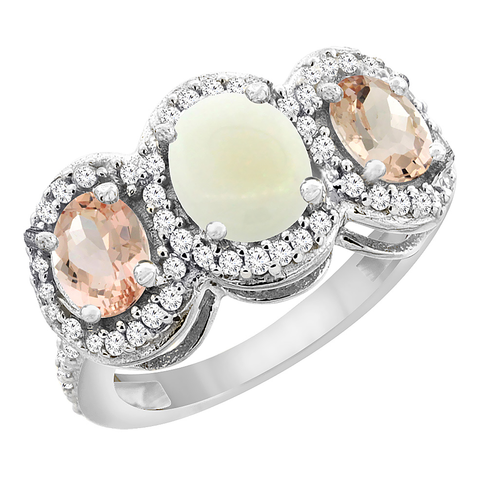 14K White Gold Natural Opal & Morganite 3-Stone Ring Oval Diamond Accent, sizes 5 - 10