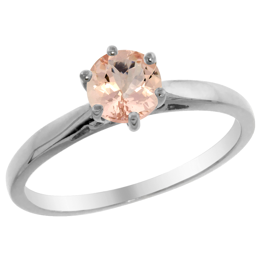 14K White Gold Natural Morganite Solitaire Ring Round 5mm, sizes 5 - 10