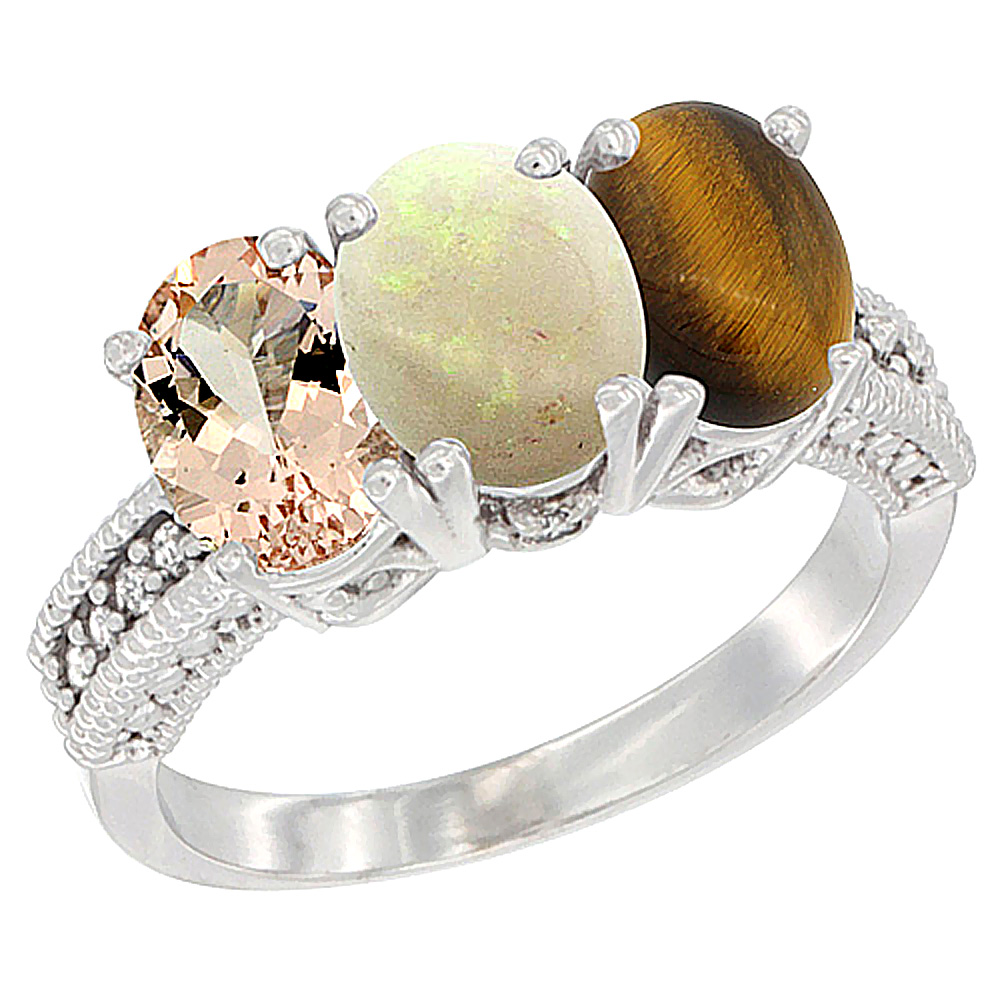 14K White Gold Natural Morganite, Opal & Tiger Eye Ring 3-Stone Oval 7x5 mm Diamond Accent, sizes 5 - 10