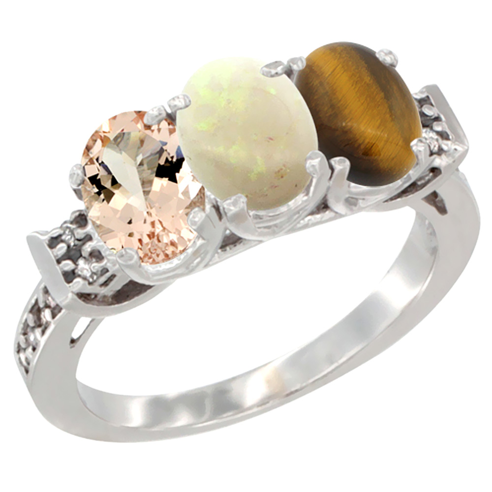 10K White Gold Natural Morganite, Opal &amp; Tiger Eye Ring 3-Stone Oval 7x5 mm Diamond Accent, sizes 5 - 10