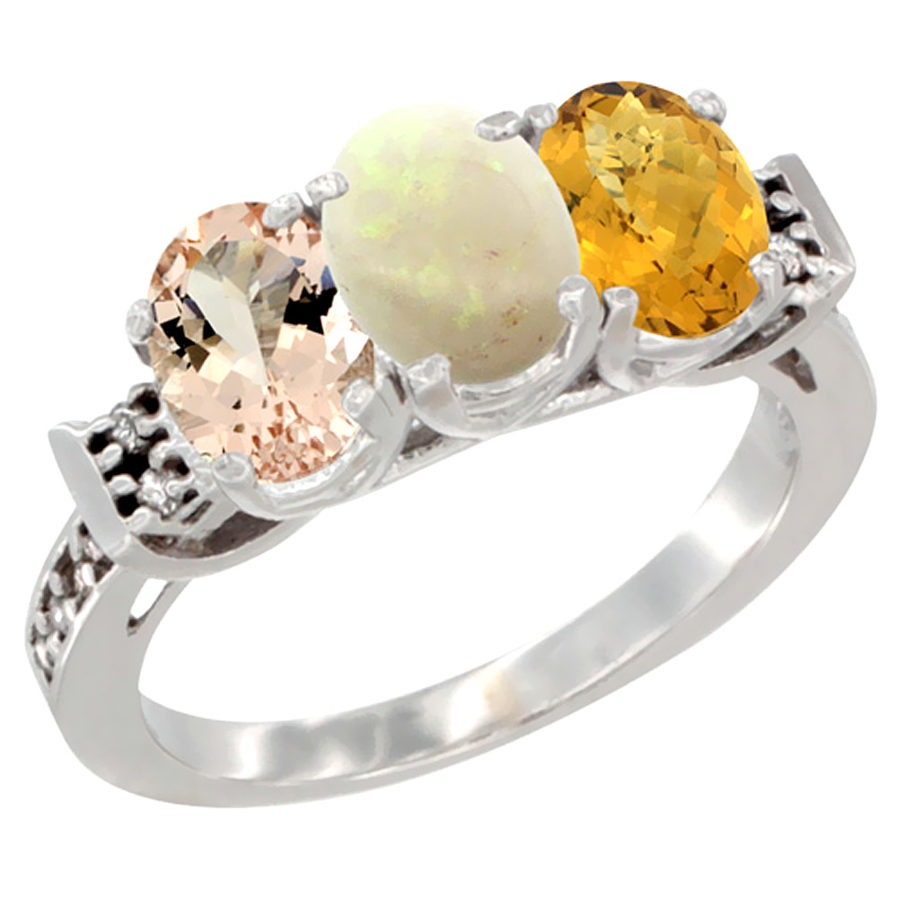 14K White Gold Natural Morganite, Opal &amp; Whisky Quartz Ring 3-Stone Oval 7x5 mm Diamond Accent, sizes 5 - 10